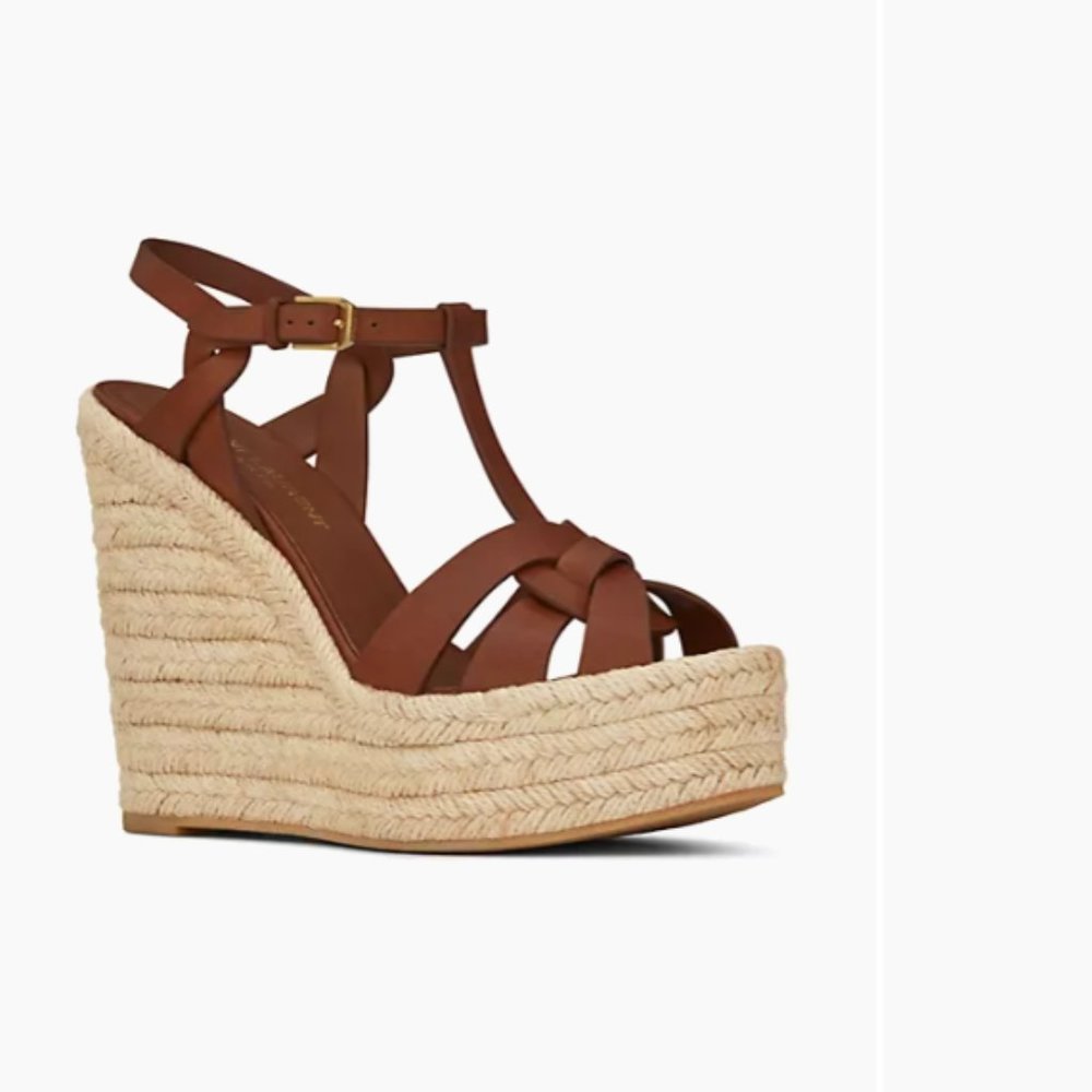 Saint Laurent Tribute Leather Espadrille Wedge Sandals